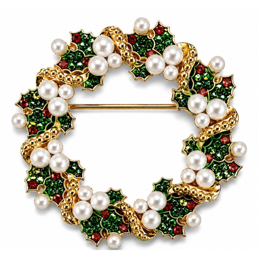 NEW Christmas Wreath Brooch Pearl Green Red Rhinestone Gold Tone Holiday Pin